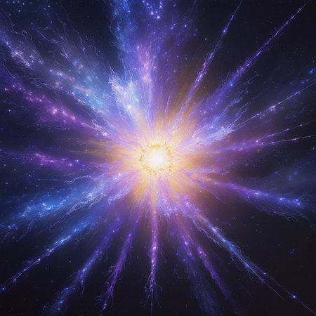 This image depicts a vibrant and dynamic cosmic burst, showcasing the birth of a new star or a supernova explosion. The burst is characterized by radiant beams of light in shades of purple and blue, emanating from a central bright source. The surrounding space is filled with a dark, starry background, highlighting the vastness of the cosmos. The image captures the raw power and beauty of celestial events, emphasizing the wonders of the universe.の素材