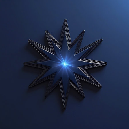 The image features a stylized star shape with multiple points, each outlined in a glowing blue light. The star is set against a dark blue background, creating a striking contrast. The design is symmetrical and appears to be three-dimensional, with a bright central point emitting light that radiates outward.の素材