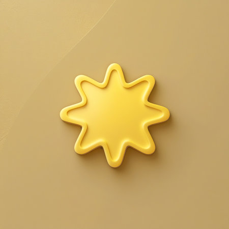 The image features a bright yellow star shape prominently displayed against a plain beige background. The star has eight rounded points and a smooth, glossy finish. The simplicity of the background highlights the star's vibrant color and shape, creating a visually appealing contrast.の素材