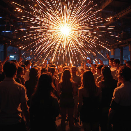 A large group of people gathered outdoors at night, watching a vibrant fireworks display. The fireworks burst in the sky, illuminating the faces of the crowd with bright, colorful light. The atmosphere is festive and celebratory, with people appearing to enjoy the spectacle together.の素材