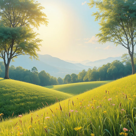This image captures a tranquil morning scene in the countryside. The sun is gently rising, casting a warm glow over rolling green hills. Trees stand tall on either side of a winding path, which is lined with tall grass and wildflowers. The distant mountains are softly illuminated by the morning light, creating a peaceful and picturesque landscape.の素材