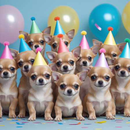 A group of adorable chihuahua puppies wearing colorful party hats are gathered together for a festive celebration. The puppies are sitting on a blue surface surrounded by colorful balloons and confetti, creating a joyful and playful atmosphere.の素材