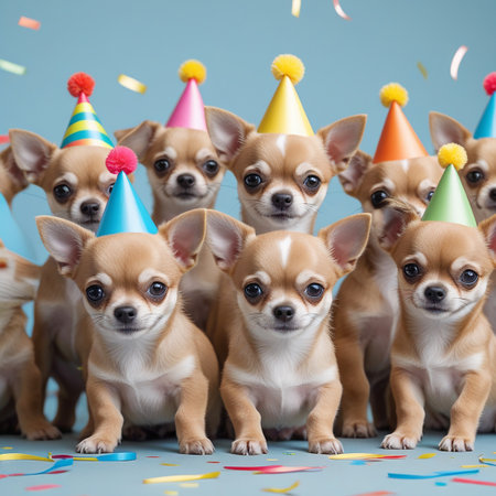 A group of adorable chihuahua puppies wearing colorful party hats are gathered together, celebrating a joyous occasion. The puppies have bright and curious eyes, and their tiny faces are filled with excitement. Confetti is scattered around them, adding to the festive atmosphere. The background is a soft blue, complementing the vibrant colors of the party hats and confetti.の素材