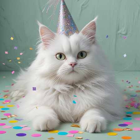 A white kitten wearing a colorful party hat sits amidst scattered confetti, exuding a festive and joyful atmosphere. The kitten's bright green eyes and fluffy fur add to the charm of the scene, making it a delightful and whimsical image perfect for celebrating special occasions.の素材