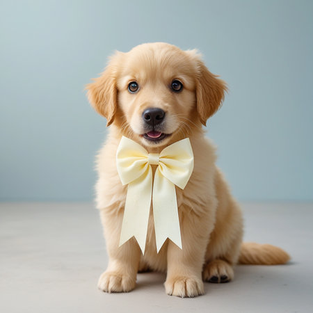 A cute golden retriever puppy is sitting on a plain surface, looking directly at the camera. The puppy has a light yellow bow tied around its neck, adding to its charming appearance. The background is a simple, light-colored wall, which helps to highlight the puppy's golden fur and the bow.の素材
