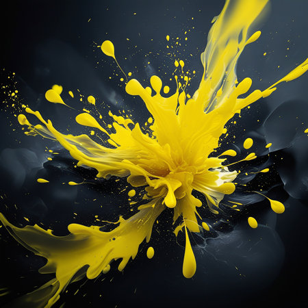A dynamic and vivid image capturing the moment of a bright yellow paint explosion against a dark background. The paint splatters in various directions, creating a sense of energy and movement. The contrast between the dark backdrop and the vivid yellow paint emphasizes the intensity and vibrancy of the explosion.の素材