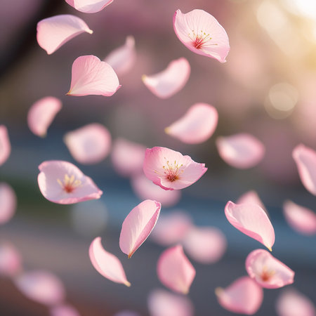 A serene image capturing the gentle descent of pink cherry blossom petals. The petals, soft and delicate, float gracefully against a blurred background, creating a sense of tranquility and the fleeting beauty of nature. The sunlight filters through, casting a warm glow and highlighting the intricate details of each petal.の素材