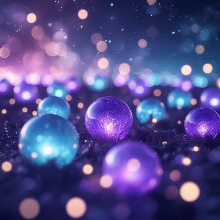 A close-up image of vibrant, glittering ornaments in shades of blue and purple. The ornaments are spherical and appear to be made of shiny, reflective material. The background is blurred with a mix of blue and purple bokeh lights, creating a festive and magical atmosphere.の素材