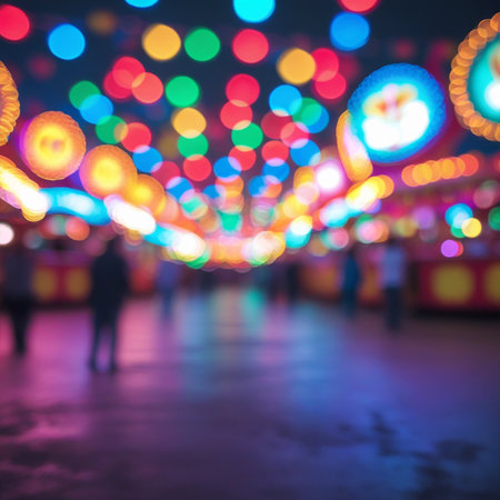 A bustling night market illuminated by a myriad of colorful lights. The blurred lights create a mesmerizing bokeh effect, highlighting the festive and lively atmosphere of the market. The scene is filled with various stalls and people enjoying the vibrant ambiance.の素材
