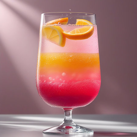 A refreshing mocktail presented in a tall, clear glass. The drink features distinct layers of pink and orange hues, creating a visually appealing gradient. The top layer is garnished with slices of orange and lemon, adding a pop of color and a hint of citrus aroma. Bubbles rise to the surface, indicating the presence of sparkling water, enhancing the drink's refreshing nature. The glass is placed on a surface with soft lighting, casting gentle shadows and highlighting the drink's vibrant colors.の素材