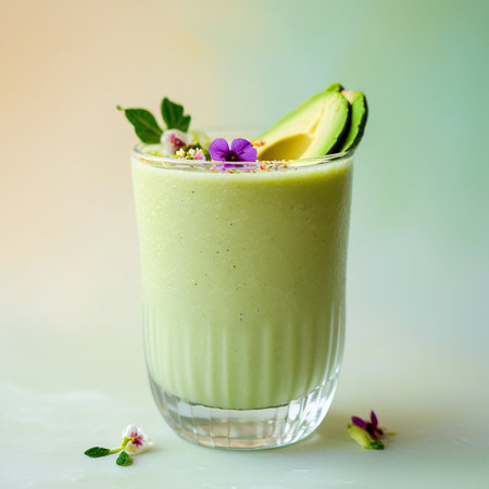 A vibrant green smoothie served in a clear glass, garnished with slices of avocado and delicate edible flowers. The smoothie appears creamy and refreshing, perfect for a healthy snack or meal. The glass is placed on a light-colored surface with a few scattered flowers around it, adding to the overall aesthetic appeal.の素材