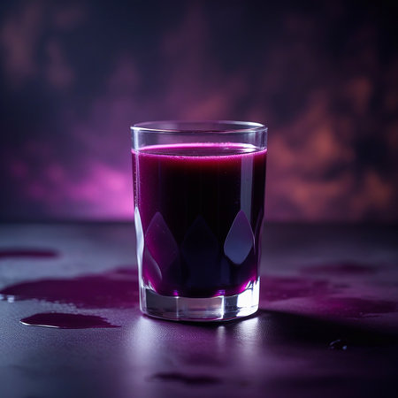 A clear glass filled with a deep, vibrant purple liquid sits on a dark surface. The liquid spills slightly onto the surface, creating a small puddle. The background is dimly lit, with a gradient of purple and pink hues, adding to the moody atmosphere of the image.の素材