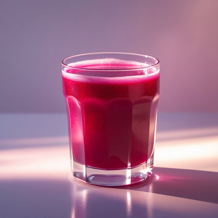 A clear glass filled with a vibrant red smoothie sits on a reflective surface. The smoothie has a frothy top and is captured in soft, diffused light, creating a serene and appetizing atmosphere.の素材