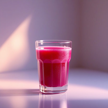 A clear glass filled with a vibrant red juice is placed on a reflective surface. The juice appears freshly made and is captured in a well-lit environment, creating a visually appealing contrast with the background. The lighting highlights the rich color and texture of the juice, making it the focal point of the image.の素材