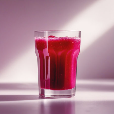 A clear glass filled with a vibrant ruby red beverage sits on a reflective surface. The drink appears to be bubbly, with a rich, deep color that suggests it could be a fruity soda or juice. The glass is illuminated by soft, diffused sunlight, casting gentle shadows and highlighting the drink's effervescence.の素材