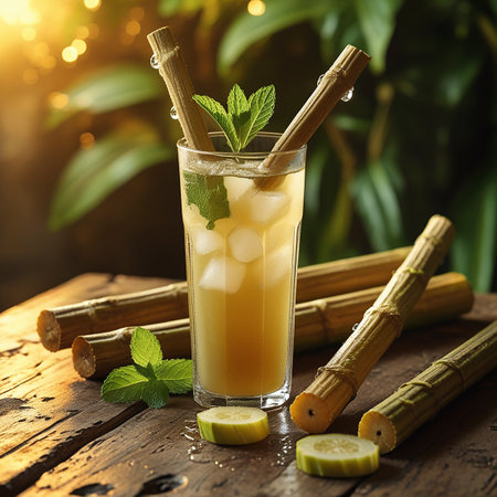 A tall glass filled with a refreshing yellow beverage, garnished with fresh mint leaves and a slice of lime. The glass is accompanied by several bamboo straws and additional lime slices on a rustic wooden table. The scene is set against a lush green backdrop, enhancing the natural and refreshing ambiance.の素材
