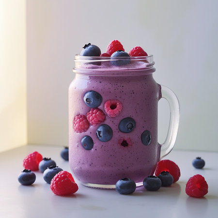 A refreshing berry smoothie served in a glass jar, topped with fresh raspberries and blueberries. The smoothie has a rich purple hue, indicating a blend of various berries. The jar is placed on a white surface, surrounded by scattered berries, enhancing the visual appeal.の素材