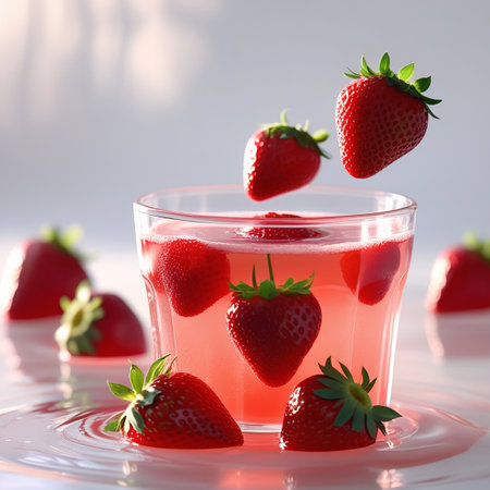 A clear glass filled with rose-colored juice, featuring several fresh strawberries floating within. Additional strawberries are placed around the glass on a reflective surface, creating a visually appealing and refreshing scene.の素材