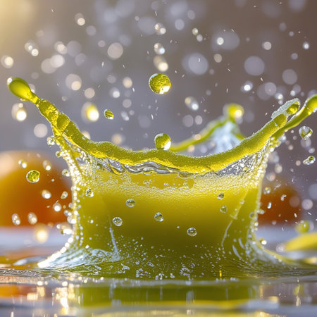 A vivid image capturing the moment a slice of lime is dropped into water, creating a dynamic splash. The lime slice is centrally positioned, with water droplets scattering in all directions. The sunlight in the background enhances the brightness and clarity of the splash, highlighting the refreshing nature of the lime.の素材