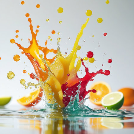 This image captures a dynamic and colorful moment where various fruits are dropped into water, creating a stunning splash effect. The splash displays a burst of bright colors, including yellow, orange, and red, as the fruits make contact with the water. The droplets and ripples add to the sense of motion and energy in the scene. Surrounding the splash are slices of lime, lemon, and orange, enhancing the fresh and juicy theme of the image.の素材