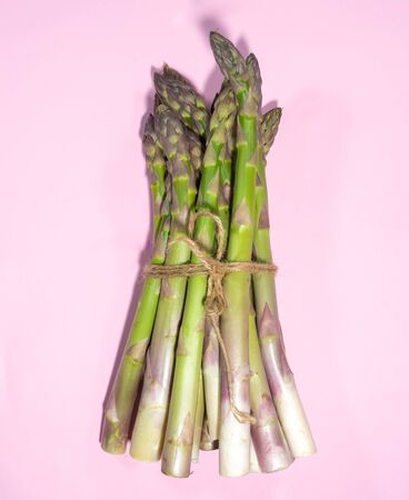 Asparagus on a pink background. A bunch of asparagus shoots.の写真素材