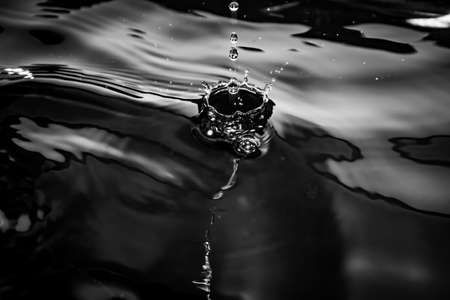 Splashes and waves close up from water drops on a liquid surface. black and white photo.の写真素材