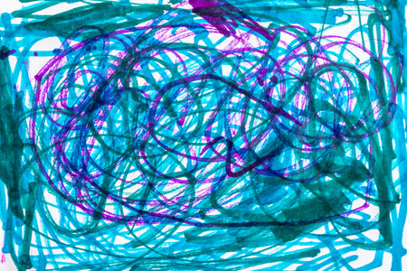 A dense network of overlapping blue and purple doodles forming intricate loops and swirls. The work...