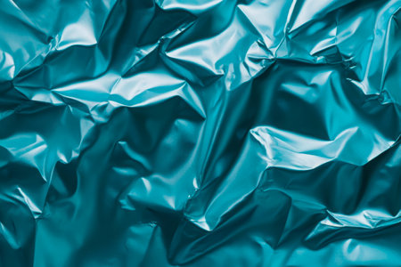 Vibrant turquoise foil is crumpled to form a dynamic texture, showing soft reflections and shadows. The metallic surface adds depth to art and design concepts.の素材