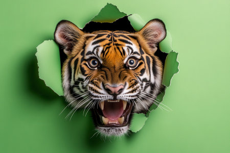 A majestic tiger emerges from a torn section of a vibrant green wall, showing its powerful presence and captivating gaze. The artwork emphasizes strength and beauty.の素材