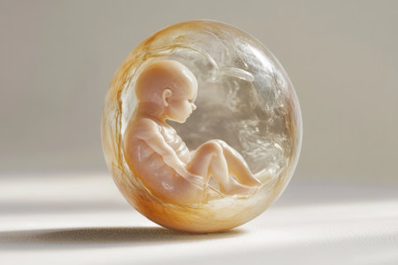 An artistic representation shows a developing fetus inside a clear orb, highlighting the stages of human life. The scene emphasizes the beauty of creation and growth.の素材