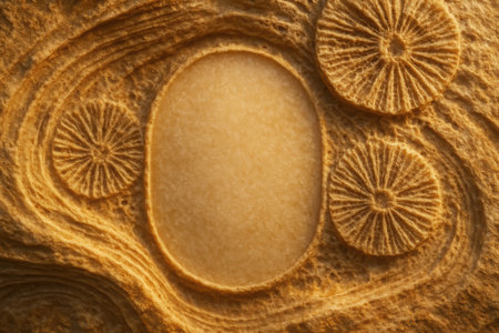A fascinating rock surface showcases unique shapes and patterns resembling ancient fossils. The warm tones highlight the intricate designs, creating a captivating natural artwork.の素材