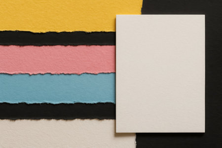 Vibrant torn paper strips in yellow, pink, blue, and black create a lively backdrop for a blank notepad. The scene is well-lit, showcasing texture and color diversity.の素材