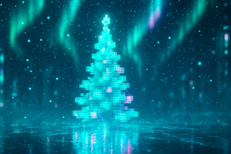A vibrant digital Christmas tree is illuminated with colorful pixels, surrounded by shimmering snowflakes and a beautiful aurora borealis in the background at night.の素材