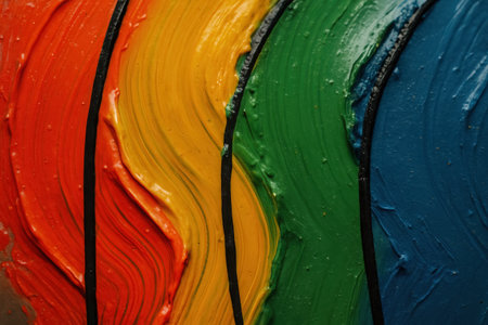 Bold shades of red, orange, yellow, green, blue, and black swirl together in rhythmic patterns, highlighting the artistry and creativity in a painter's studio during daylight.の素材