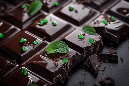 A rich dark chocolate dessert is artfully crafted and garnished with sparkling emerald accents, inviting indulgence and delight.の素材