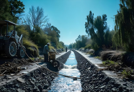 Construction workers building an irrigation canal for agriculture in a rural area, ensuring efficient water management for cropsの素材