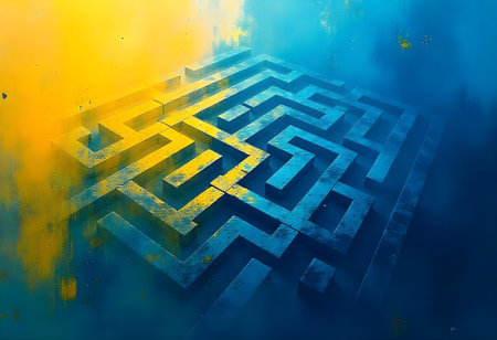 Intricate maze structure with yellow and blue tones creating a mysterious and challenging atmosphereの素材