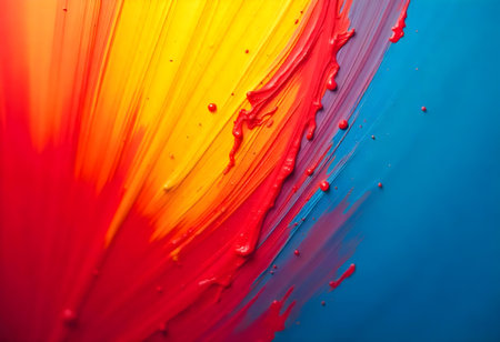 Thick paint in shades of red, orange, yellow and blue creating a dynamic abstract compositionの素材
