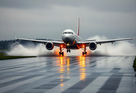 Modern passenger airplane landing on a wet runway, creating splashes of water, on a cloudy dayの素材