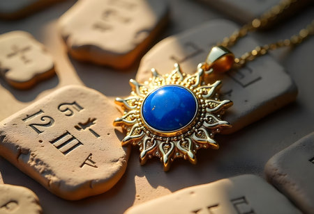 Golden pendant shaped like the sun with a lapis lazuli gemstone in the center, resting on clay tablets with engraved numbers and lettersの素材