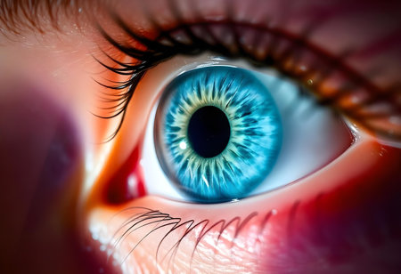 Extreme close-up showcasing the mesmerizing patterns and vibrant colors of a human eye, highlighting its complex beautyの素材