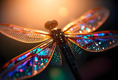 Capturing the intricate beauty of iridescent dragonfly wings, revealing vibrant colors and delicate patterns in stunning macro detailの素材