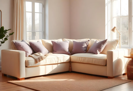 A serene living space featuring a stylish sectional sofa adorned with soft purple cushions. Sunlight pours in through large windows, creating a welcoming atmosphere perfect for relaxation.の素材