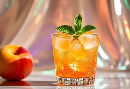 A vibrant cocktail filled with ice cubes sits elegantly in a textured glass, topped with fresh mint. Beside it, a juicy apple adds a pop of color, highlighting the warm ambiance.の素材