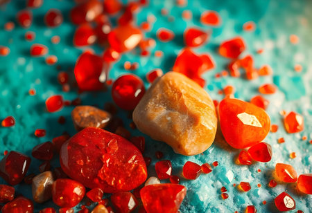 A stunning arrangement of various red gemstones lies scattered over a turquoise surface, showcasing their brilliance and diverse shapes under soft light, creating an eye-catching contrast.の素材