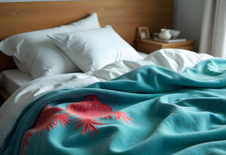 A tranquil bedroom features a plush bed adorned with a bright turquoise blanket and soft white pillows. The warm atmosphere is perfect for a peaceful retreat.の素材