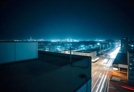 A stunning city skyline sparkles under a dark night sky, with streams of light from passing vehicles creating a dynamic energy. The urban landscape reveals buildings and distant structures.の素材