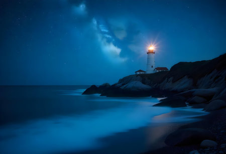 Soft waves gently lap against rocky shores as a lighthouse stands tall and bright under a starry night sky. The scene reflects tranquility and peacefulness, captivating all who gaze upon it.の素材