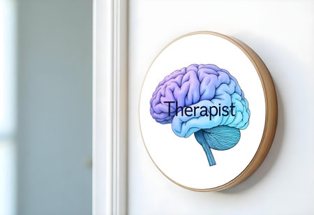 A circular sign decorates a therapy room wall, showcasing a colorful brain illustration alongside the word therapist. This thoughtful design enhances the space's calming ambiance.の素材