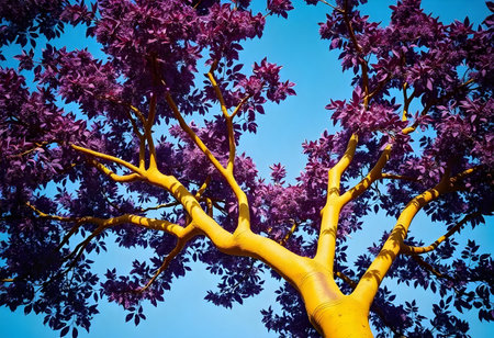Under a radiant sky, a striking tree displays vibrant purple foliage and bold yellow branches. This extraordinary natural artwork captivates with its whimsical colors and enchanting presence.の素材